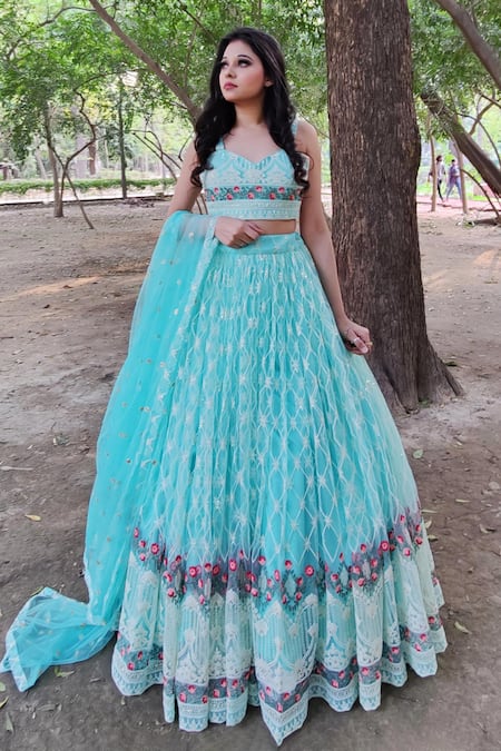 Amaltas Couture Sky Blue Net Embroidery, Sequins, Zari Sweetheart Neck Thread Lehenga Set 
