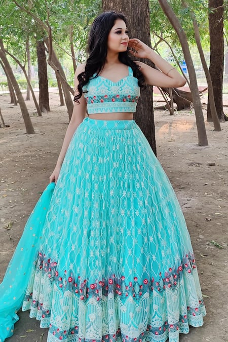 Shop Amaltas Couture Sky Blue Net Embroidery, Sequins, Zari Sweetheart Neck Thread Lehenga Set Online at Aza Fashions Shop_Amaltas Couture_Sky Blue Net Embroidery, Sequins, Zari Sweetheart Neck Thread Lehenga Set _Online_at_Aza_Fashions