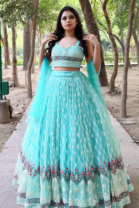 Amaltas Couture Sky Blue Net Embroidery, Sequins, Zari Sweetheart Neck Thread Lehenga Set at Aza Fashions Amaltas Couture_Sky Blue Net Embroidery, Sequins, Zari Sweetheart Neck Thread Lehenga Set _at_Aza_Fashions