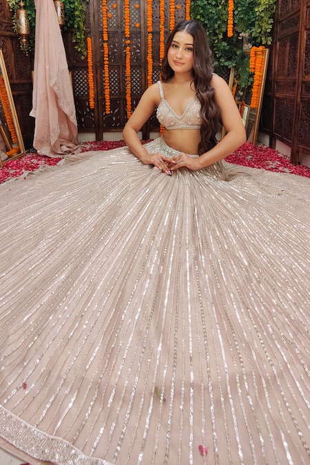 Shop_Amaltas Couture_Pink Net Sequins, Beads, Embroidery V-neck And Cutdana Lehenga Set _Online_at_Aza_Fashions