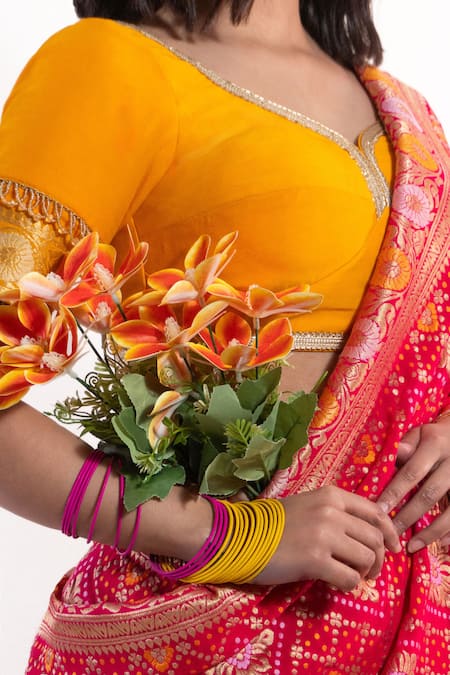 Shop_Amaltas Couture_Pink Georgette Gota Patti, Zari, Embroidery V-neck Bandhej Saree With Blouse _Online_at_Aza_Fashions