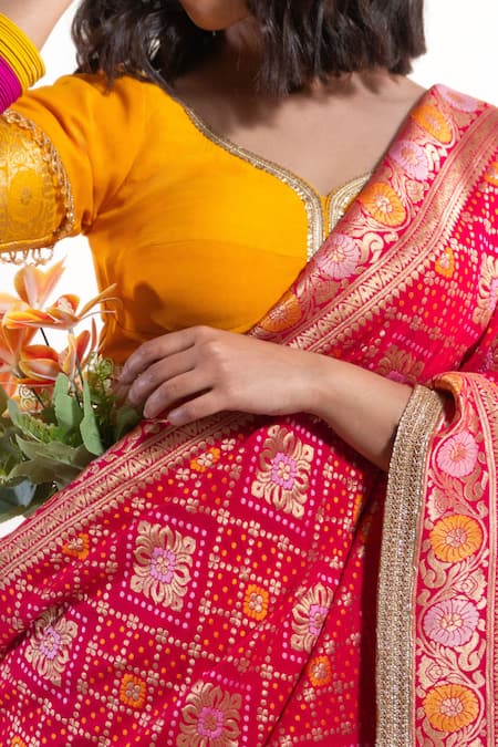 Buy_Amaltas Couture_Pink Georgette Gota Patti, Zari, Embroidery V-neck Bandhej Saree With Blouse 