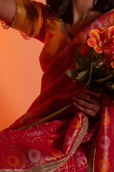 Shop_Amaltas Couture_Pink Georgette Gota Patti, Zari, Embroidery V-neck Bandhej Saree With Blouse 