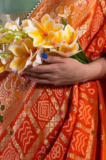 Buy_Amaltas Couture_Orange Georgette Zari, Lace Banarasi Gharchola Weaving Saree With Blouse _Online_at_Aza_Fashions