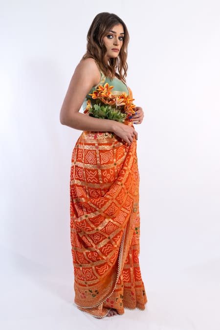 Shop_Amaltas Couture_Orange Georgette Zari, Lace Banarasi Gharchola Weaving Saree With Blouse _Online_at_Aza_Fashions