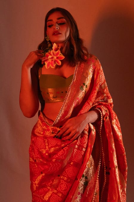 Amaltas Couture_Orange Georgette Zari, Lace Banarasi Gharchola Weaving Saree With Blouse _at_Aza_Fashions