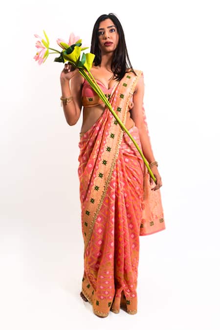 Amaltas Couture Pink Georgette Gota Patti, Zari, Beads, Bandhej Resham Woven Saree With Blouse 