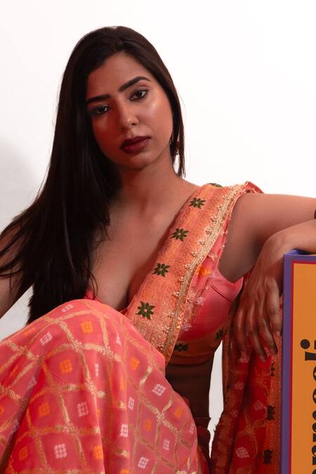 Buy Amaltas Couture Pink Georgette Gota Patti, Zari, Beads, Bandhej Resham Woven Saree With Blouse Online at Aza Fashions Buy_Amaltas Couture_Pink Georgette Gota Patti, Zari, Beads, Bandhej Resham Woven Saree With Blouse _Online_at_Aza_Fashions