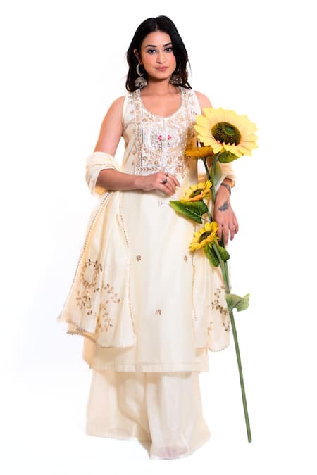 Amaltas Couture Off White Chanderi Embroidery, Gota Patti Round Neck Kurta Sharara Set 