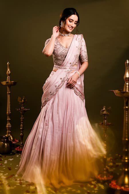 Buy_Dajwaree_Pink Tissue Embroidery, Zari, Pearls, Ragini Lehenga Saree And Blouse Set _Online_at_Aza_Fashions