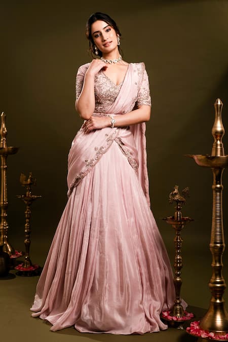 Shop_Dajwaree_Pink Tissue Embroidery, Zari, Pearls, Ragini Lehenga Saree And Blouse Set _Online_at_Aza_Fashions