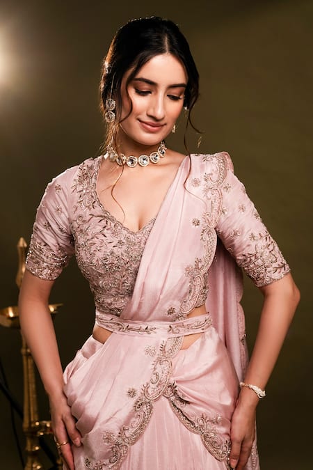 Dajwaree_Pink Tissue Embroidery, Zari, Pearls, Ragini Lehenga Saree And Blouse Set _at_Aza_Fashions