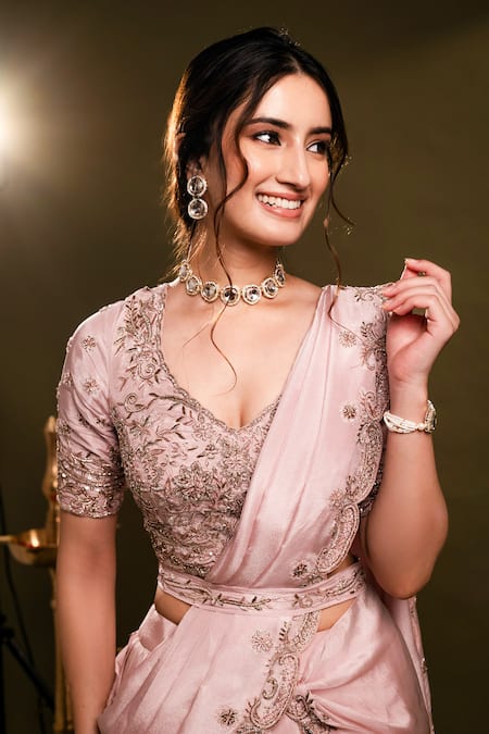 Buy_Dajwaree_Pink Tissue Embroidery, Zari, Pearls, Ragini Lehenga Saree And Blouse Set 