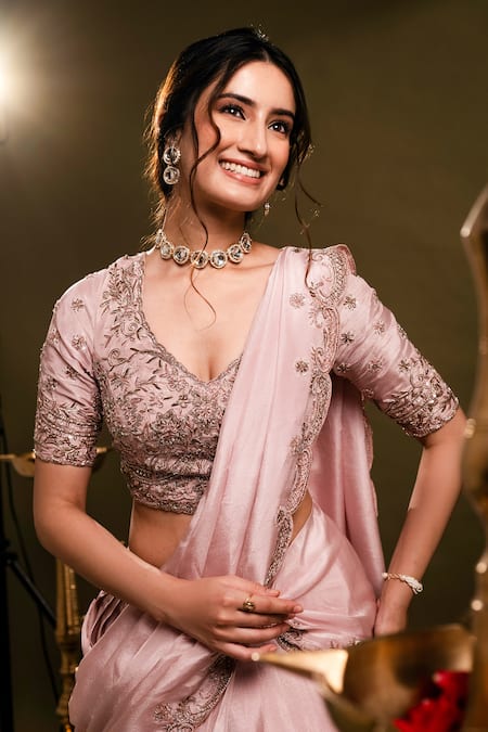 Shop_Dajwaree_Pink Tissue Embroidery, Zari, Pearls, Ragini Lehenga Saree And Blouse Set 