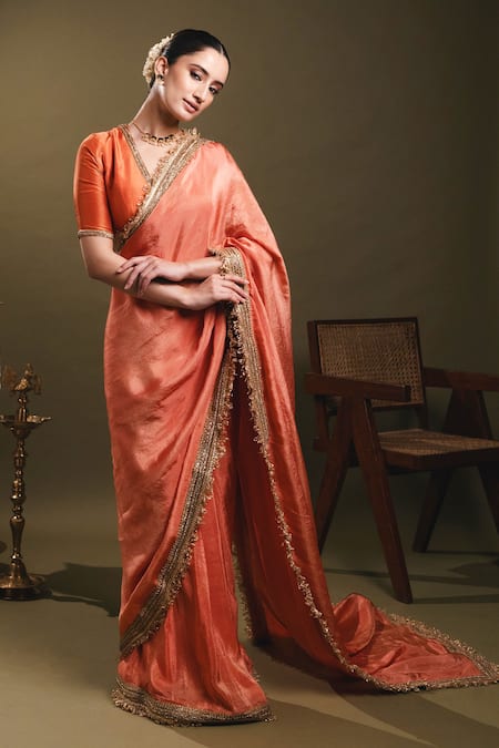 Buy Dajwaree Orange Tissue Zari, Embroidery V-neck Agnika Pre-draped Saree With Blouse Online at Aza Fashions Buy_Dajwaree_Orange Tissue Zari, Embroidery V-neck Agnika Pre-draped Saree With Blouse _Online_at_Aza_Fashions