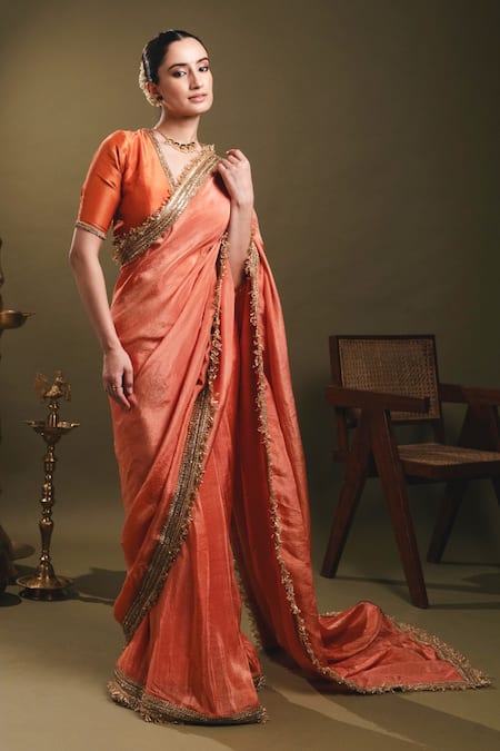 Shop Dajwaree Orange Tissue Zari, Embroidery V-neck Agnika Pre-draped Saree With Blouse Online at Aza Fashions Shop_Dajwaree_Orange Tissue Zari, Embroidery V-neck Agnika Pre-draped Saree With Blouse _Online_at_Aza_Fashions