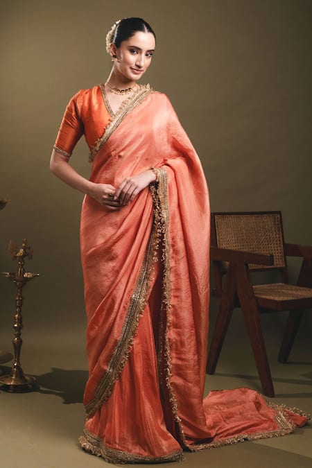 Dajwaree Orange Tissue Zari, Embroidery V-neck Agnika Pre-draped Saree With Blouse at Aza Fashions Dajwaree_Orange Tissue Zari, Embroidery V-neck Agnika Pre-draped Saree With Blouse _at_Aza_Fashions