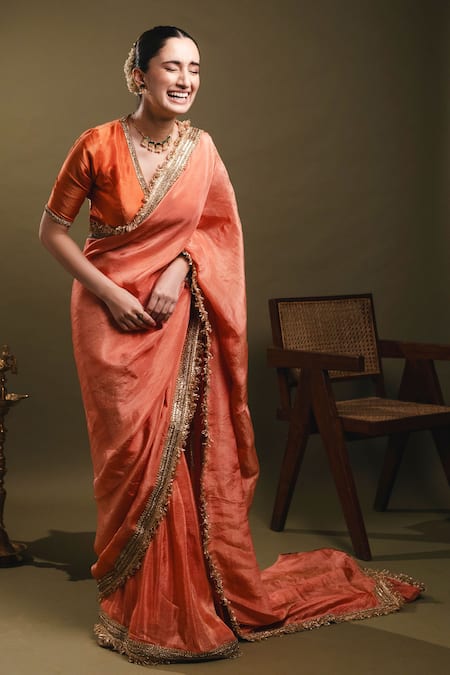 Buy Dajwaree Orange Tissue Zari, Embroidery V-neck Agnika Pre-draped Saree With Blouse Buy_Dajwaree_Orange Tissue Zari, Embroidery V-neck Agnika Pre-draped Saree With Blouse