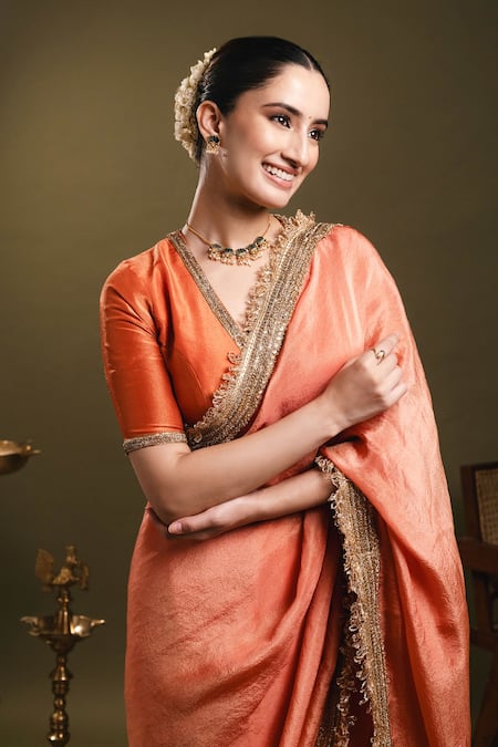 Shop Dajwaree Orange Tissue Zari, Embroidery V-neck Agnika Pre-draped Saree With Blouse Shop_Dajwaree_Orange Tissue Zari, Embroidery V-neck Agnika Pre-draped Saree With Blouse