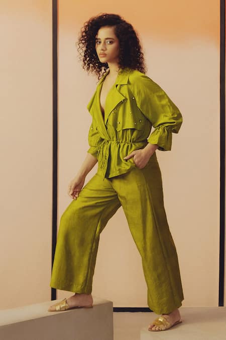 Buy_Kavya Singh Kundu_Green Silk Beads, Embroidery V-neck, Collared Frame Hand Shirt And Pant Set _Online_at_Aza_Fashions