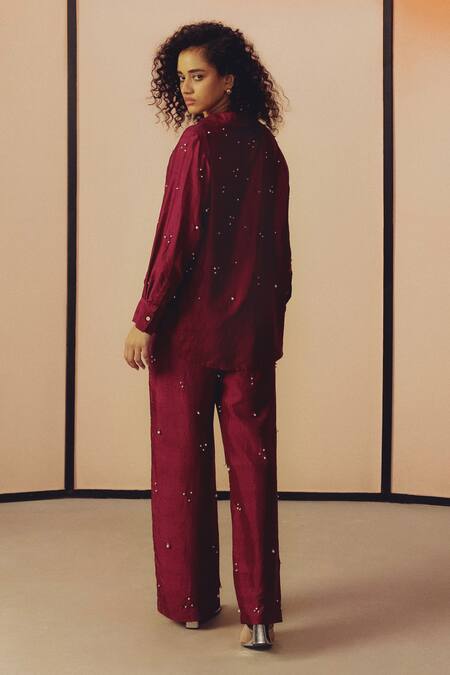 Kavya Singh Kundu_Magenta Silk Beads Collared, V-neck Mason Hand Embroidered Shirt And Pant Set _Online_at_Aza_Fashions