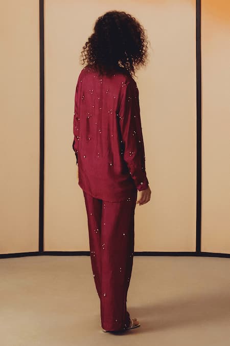 Buy_Kavya Singh Kundu_Magenta Silk Beads Collared, V-neck Mason Hand Embroidered Shirt And Pant Set _Online_at_Aza_Fashions