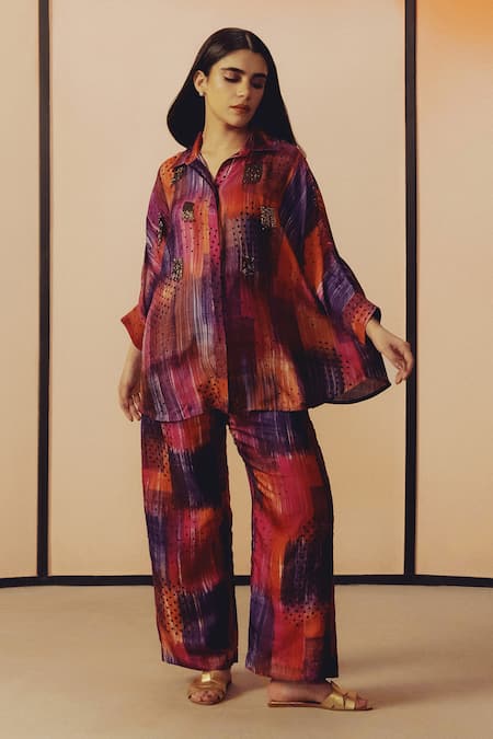 Shop_Kavya Singh Kundu_Purple Silk Embroidery Collared, V-neck Sam Block Print Shirt And Pant Set _Online_at_Aza_Fashions