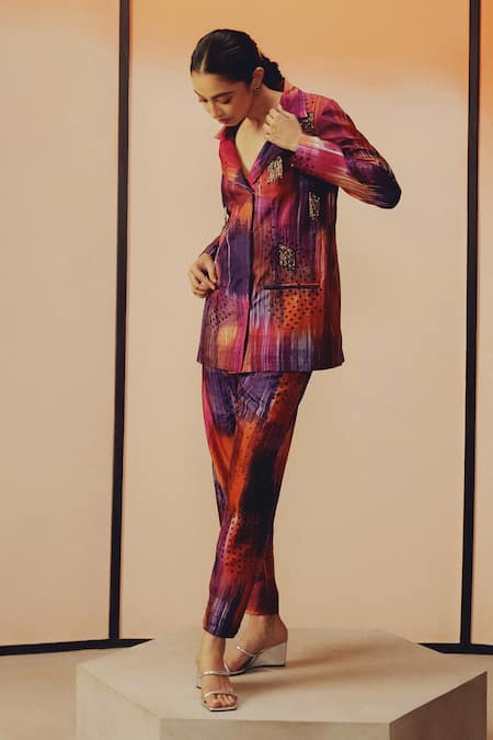 Kavya Singh Kundu_Purple Silk Embroidery, Studs, Beads Rome Hand Blazer With Pant _Online_at_Aza_Fashions