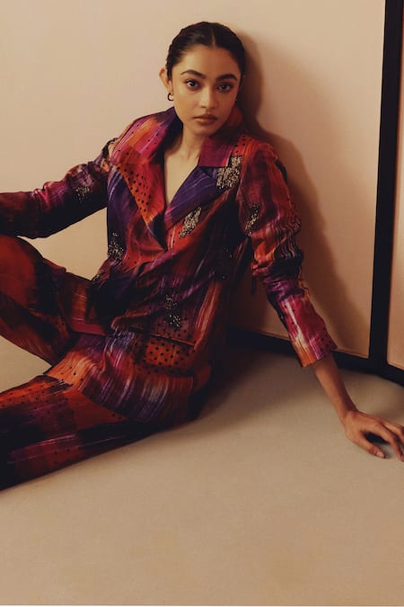 Shop_Kavya Singh Kundu_Purple Silk Embroidery, Studs, Beads Rome Hand Blazer With Pant _Online_at_Aza_Fashions