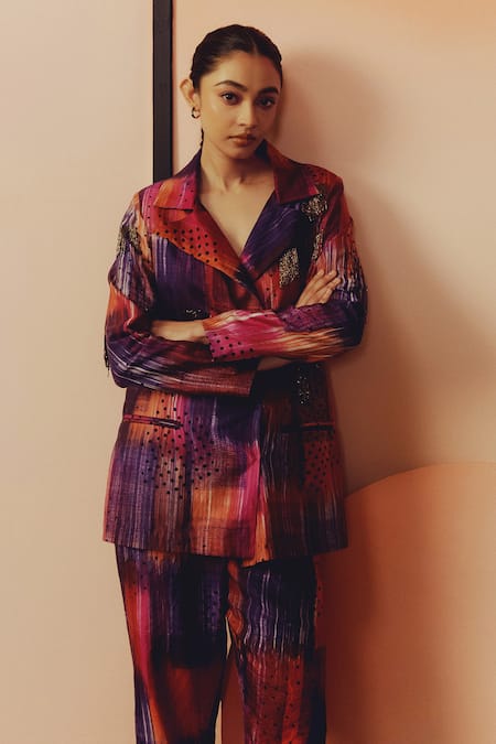 Kavya Singh Kundu_Purple Silk Embroidery, Studs, Beads Rome Hand Blazer With Pant _at_Aza_Fashions