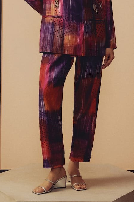 Buy_Kavya Singh Kundu_Purple Silk Embroidery, Studs, Beads Rome Hand Blazer With Pant 