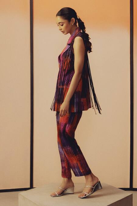 Kavya Singh Kundu_Purple Silk Fringe Mave Abstract Print Blazer With Pant _Online_at_Aza_Fashions