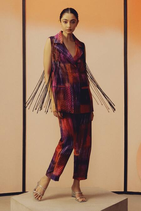 Shop_Kavya Singh Kundu_Purple Silk Fringe Mave Abstract Print Blazer With Pant _Online_at_Aza_Fashions