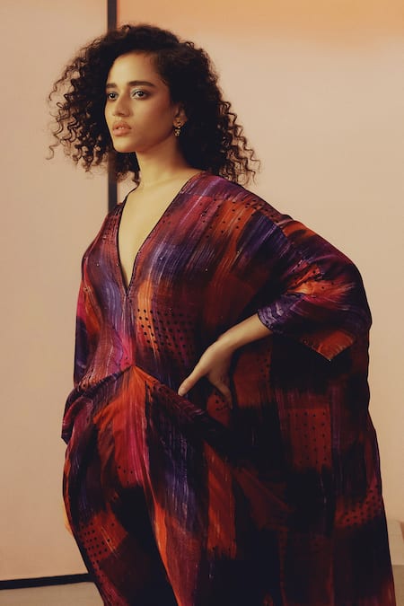 Shop Kavya Singh Kundu Red Silk Embroidery V-neck Joyce Hand Kaftan Online at Aza Fashions Shop_Kavya Singh Kundu_Red Silk Embroidery V-neck Joyce Hand Kaftan _Online_at_Aza_Fashions