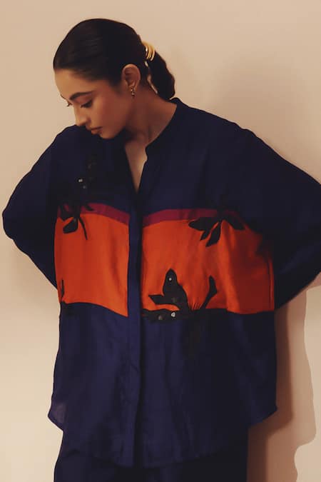 Shop Kavya Singh Kundu Purple Silk Embroidery Collared, V-neck Han Shirt And Pant Set Online at Aza Fashions Shop_Kavya Singh Kundu_Purple Silk Embroidery Collared, V-neck Han Shirt And Pant Set _Online_at_Aza_Fashions