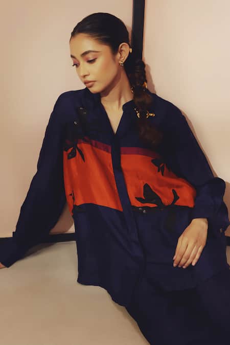 Buy Kavya Singh Kundu Purple Silk Embroidery Collared, V-neck Han Shirt And Pant Set Buy_Kavya Singh Kundu_Purple Silk Embroidery Collared, V-neck Han Shirt And Pant Set