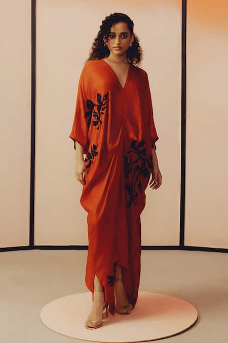 Kavya Singh Kundu Rust Silk Embroidery, Sequins V-neck Tank Kaftan Online at Aza Fashions Kavya Singh Kundu_Rust Silk Embroidery, Sequins V-neck Tank Kaftan _Online_at_Aza_Fashions