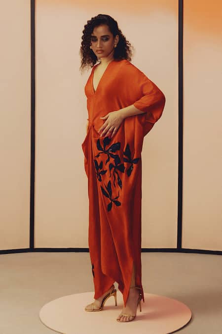 Buy Kavya Singh Kundu Rust Silk Embroidery, Sequins V-neck Tank Kaftan Online at Aza Fashions Buy_Kavya Singh Kundu_Rust Silk Embroidery, Sequins V-neck Tank Kaftan _Online_at_Aza_Fashions