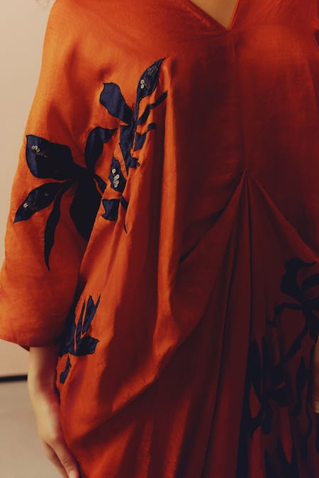 Kavya Singh Kundu Rust Silk Embroidery, Sequins V-neck Tank Kaftan at Aza Fashions Kavya Singh Kundu_Rust Silk Embroidery, Sequins V-neck Tank Kaftan _at_Aza_Fashions