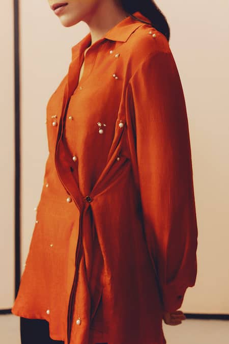 Kavya Singh Kundu Rust Silk Pearls, Beads Collared, V-neck Row Hand Embroidered Shirt Online at Aza Fashions Kavya Singh Kundu_Rust Silk Pearls, Beads Collared, V-neck Row Hand Embroidered Shirt _Online_at_Aza_Fashions
