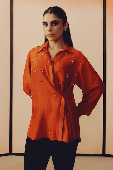 Buy Kavya Singh Kundu Rust Silk Pearls, Beads Collared, V-neck Row Hand Embroidered Shirt Online at Aza Fashions Buy_Kavya Singh Kundu_Rust Silk Pearls, Beads Collared, V-neck Row Hand Embroidered Shirt _Online_at_Aza_Fashions