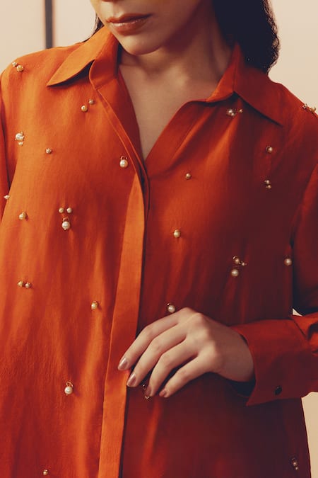 Shop Kavya Singh Kundu Rust Silk Pearls, Beads Collared, V-neck Row Hand Embroidered Shirt Online at Aza Fashions Shop_Kavya Singh Kundu_Rust Silk Pearls, Beads Collared, V-neck Row Hand Embroidered Shirt _Online_at_Aza_Fashions