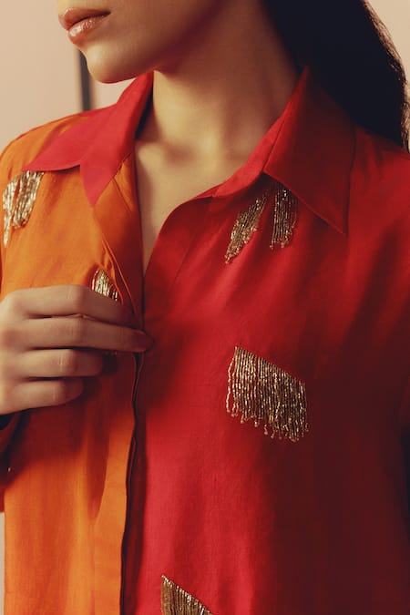 Buy_Kavya Singh Kundu_Rust Silk Beads, Embroidery Collared Wen Two-tone Hand Shirt _Online_at_Aza_Fashions