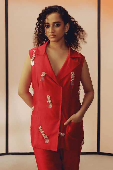 Kavya Singh Kundu_Magenta Silk Beads, Stones Sammy Hand Embroidered Blazer With Pant _Online_at_Aza_Fashions