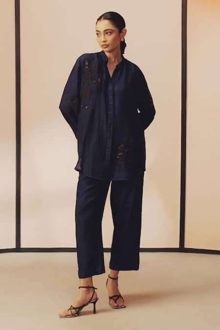 Kavya Singh Kundu_Navy Silk Embroidery, Sequins Collared, Split V-neck Rem Shirt And Pant Set _Online_at_Aza_Fashions
