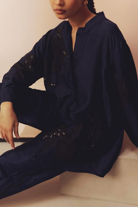 Buy_Kavya Singh Kundu_Navy Silk Embroidery, Sequins Collared, Split V-neck Rem Shirt And Pant Set _Online_at_Aza_Fashions
