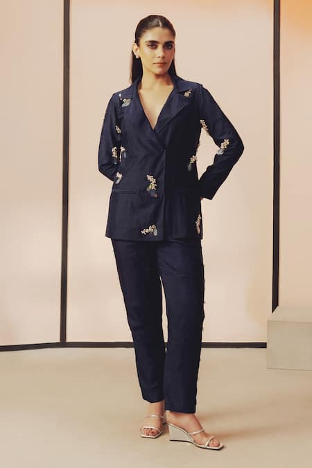 Kavya Singh Kundu Navy Silk Embroidery, Sequins, Beads Troy Hand Blazer And Pant Set Online at Aza Fashions Kavya Singh Kundu_Navy Silk Embroidery, Sequins, Beads Troy Hand Blazer And Pant Set _Online_at_Aza_Fashions