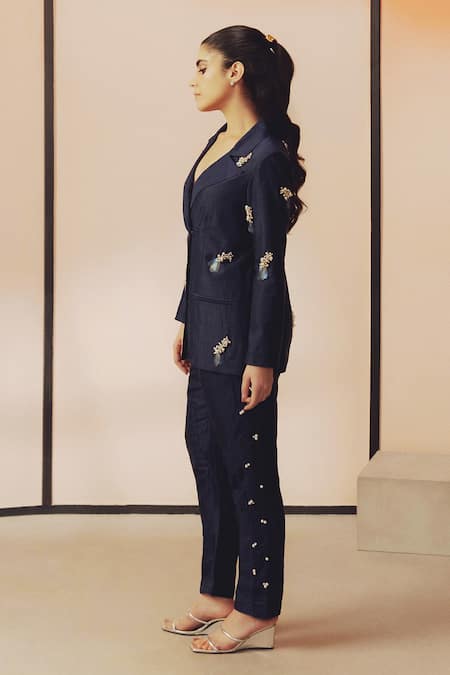Shop Kavya Singh Kundu Navy Silk Embroidery, Sequins, Beads Troy Hand Blazer And Pant Set Online at Aza Fashions Shop_Kavya Singh Kundu_Navy Silk Embroidery, Sequins, Beads Troy Hand Blazer And Pant Set _Online_at_Aza_Fashions