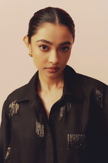 Kavya Singh Kundu Black Silk Embroidery, Metallic Thread Collared, V-neck Bru Hand Shirt Online at Aza Fashions Kavya Singh Kundu_Black Silk Embroidery, Metallic Thread Collared, V-neck Bru Hand Shirt _Online_at_Aza_Fashions