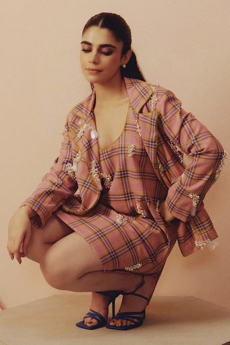 Kavya Singh Kundu_Pink Wool Beads, Pearls Tumi Plaid Hand Embroidered Blazer _Online_at_Aza_Fashions